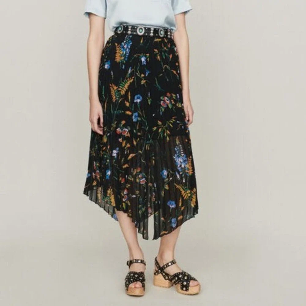 Maje Jeudi Plisse Pleated Floral Print‎ Maxi Skirt Size 1 Small